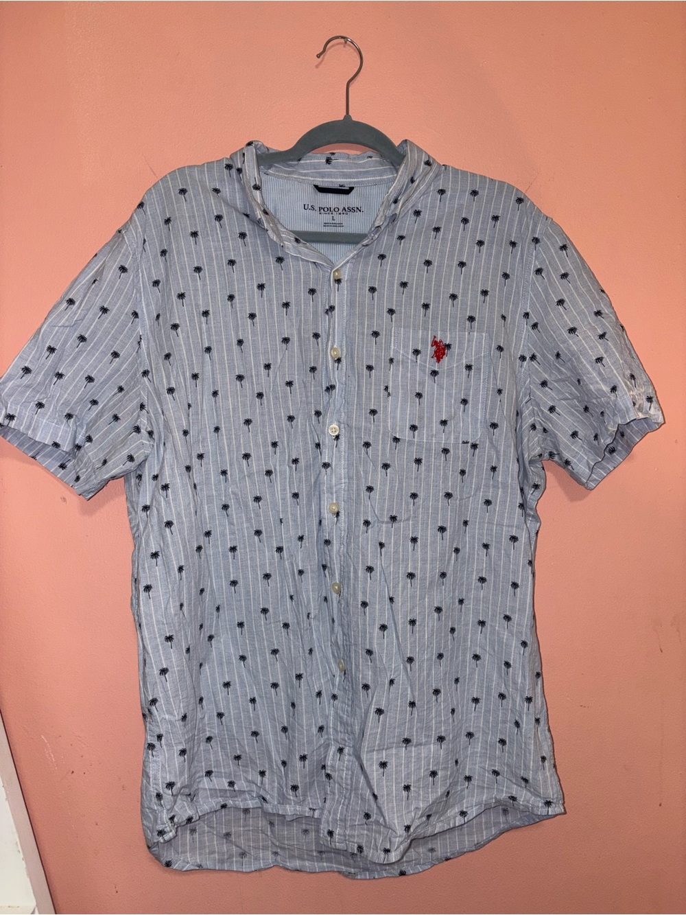 U.S. Polo. Short Sleeve Button-Down with Navy Palm Print